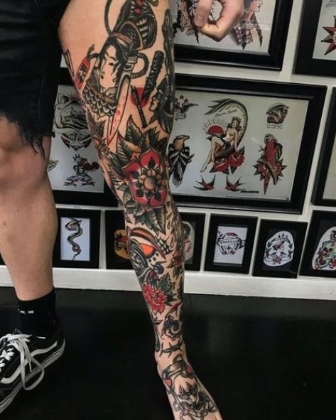 Leg tattoos can be incredibly masculine and cool when done right. From a full leg sleeve to just getting the lower leg inked, there are many leg tattoo ideas to… #tattoosformen #mentattoos Traditional Tattoo Leg, Traditional Tattoo Leg Sleeve, Traditional Tattoo Man, Mangas Tattoo, Best Leg Tattoos, Lower Leg Tattoos, Full Leg Tattoos, Tattoo Leg, Traditional Tattoo Sleeve