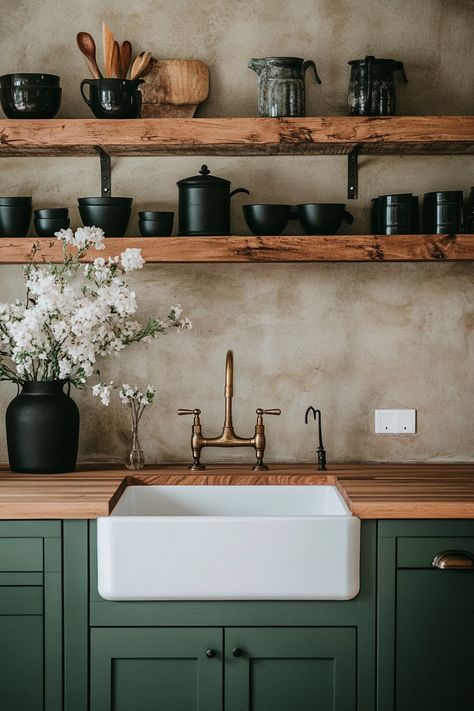 Discover the charm of the latest kitchen design with open wooden shelving and a farmhouse sink. This modern rustic look combines functionality with style, perfect for any home. Get inspired by these cozy and elegant features! #KitchenDecor #RusticCharm #InteriorDesign Organic Farmhouse Kitchen, Farmhouse Moodboard, Organic Kitchen Design, Kitchen 2025, Kitchen French Country, Modern Rustic Kitchen, Earthy Kitchen, Wooden Shelving, Kitchen French