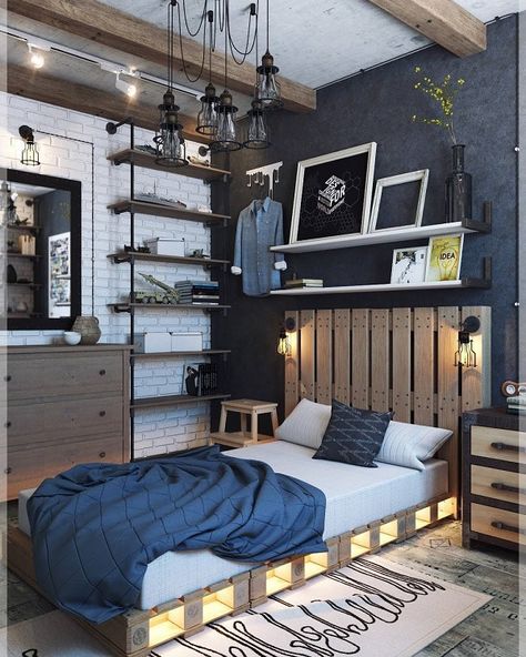 The gray color and black details are one more characteristic of the industrial style. Industrial Style Interior Design, Industrial Bedroom Design, Industrial Style Bedroom, Industrial Style Interior, Contemporary Bedroom Design, Pallet Bed, Industrial Bedroom, Contemporary Bedroom, The Gray