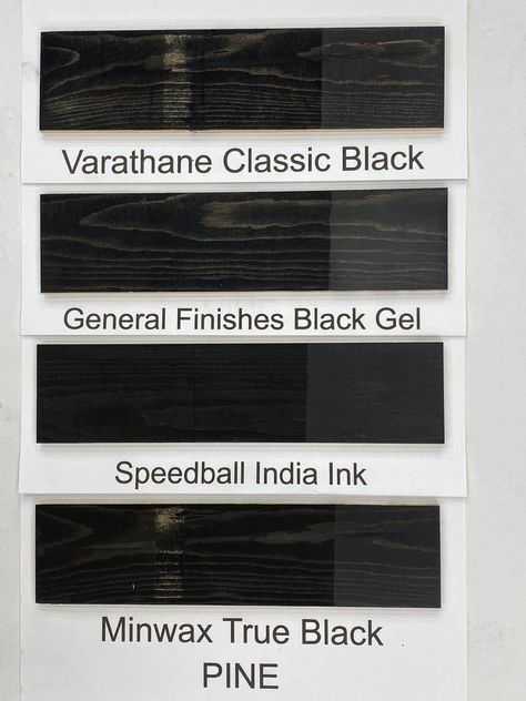 Looking for the perfect true black wood stain color? I sampled four black wood stain colors on five different wood species to compare results and take the guesswork out of your search! Black Wood Stain Accent Wall, Black Stain Countertops, Black Stain Shiplap Wall, Black Stained Shiplap, Black Stain Wood Cabinets, Minwax True Black Stain, How To Stain Wood Black, Charcoal Stained Wood, Black Wood Stain Outdoor