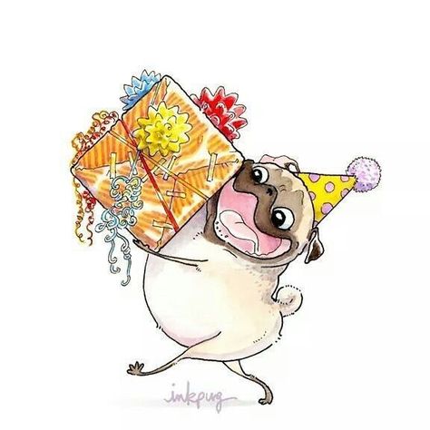 Happy Birthday Pug, Birthday Pug, Birthday Illustrations, Pug Cartoon, Pug Illustration, Happy Birthday Illustration, Baby Pugs, Pug Art, Pug Dogs