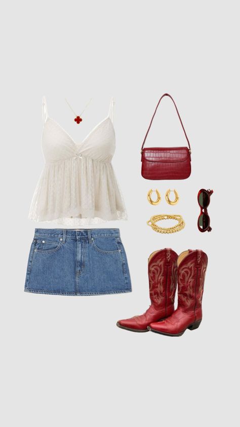 Red Van Cleef, Denim Skirt And Cowboy Boots, Skirt Cute Outfits, Skirt And Cowboy Boots Outfit, Skirt And Cowboy Boots, Cute Outfits Simple, Bracelet Stack Gold, Red Bag Outfit, Red Cowboy Boots Outfit