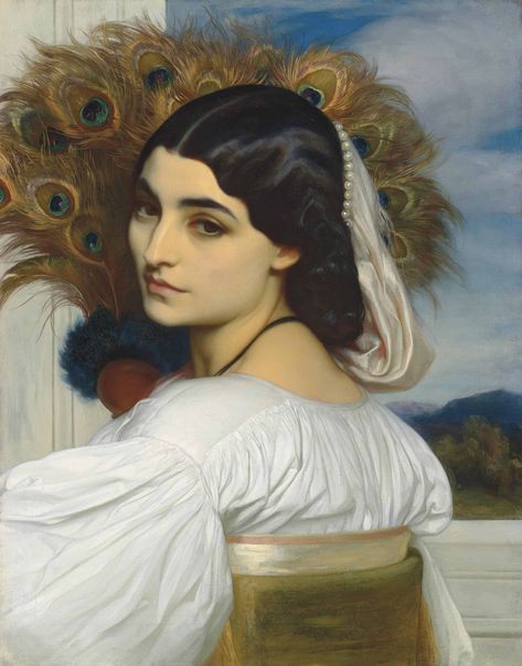 Frederic, Lord Leighton, P.R.A. (1830-1896). Pavonia. 20 7/8 x 16 3/8 in. Shown at the London International Exhibition of 1862. Frederick Leighton, Frederic Leighton, Pre Raphaelite Art, Kunst Inspiration, William Turner, Aesthetic Movement, Pre Raphaelite, Classical Art, Styl Vintage