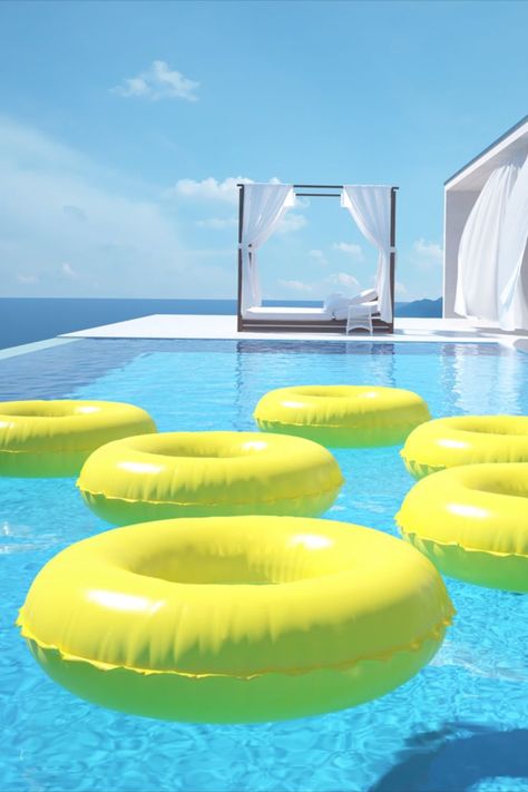 Evening Pool Party, Pool Party Decoration Ideas, Floating Pool Decorations, Swan Pool Float, Cute Pool Floats, Pool Decorations, Donut Pool, Xv Ideas, Swimming Pool Art