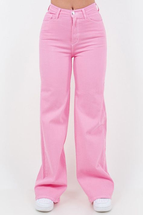 Introducing our playfully chic Wide Leg Jean! These jeans feature front and back pockets for functionality, a front button and zipper closure for convenience, and a premium soft stretch fabric for maximum comfort. With a fun bubblegum pink color, these jeans are directly garment dyed and constructed and treated right here in the USA. Inseam length is 33". (Fashion-forward and USA-made!) Silhouette: wide leg Length: Full Length Closure: button, zipper Made In: USAFabric Contents: 98% Cotton, 2% Spandex Stretch fabric Non-sheer fabric Care Instructions: Machine Wash ColdSize Measurement (inch): 1: 25.0 (Waist), 31.0 (Hips), 33.0 (Inseam), null (Length) 3: 26.0 (Waist), 32.0 (Hips), 33.0 (Inseam), null (Length) 5: 27.0 (Waist), 33.0 (Hips), 33.0 (Inseam), null (Length) 7: 28.0 (Waist), 34.0 ( Basic Clothes, Unique Pants, Pink Jeans, Pretty Clothes, Wide Leg Denim, Bubblegum Pink, Sheer Fabrics, Bubble Gum, Wide Leg Jeans