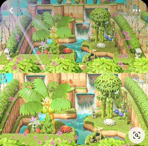 Acnh Sweet Island, Acnh Sunken Waterfall, Acnh Sunken Path, Acnh Waterscaping Ideas, Animal Crossing Hawaiian Design, Acnh Waterfall Idea, Acnh Waterfall, Acnh Resort, Acnh Secret Beach Entrance