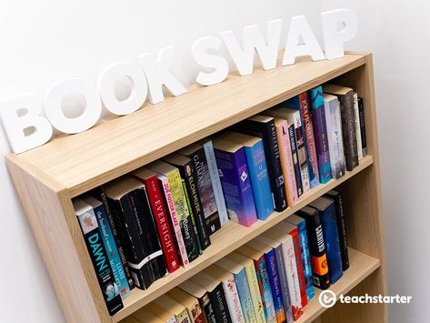 Book Swap for the staffroom School Staffroom Ideas, Book Swap Library, Wellbeing Display Boards For Staff, Book Swap Display, School Staff Room Ideas, Staff Lounge Ideas, School Staff Room, Staffroom Ideas, School Wellbeing