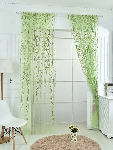 1pc Leaf Pattern Sheer Curtain | SHEIN USA Ideas Armario, Balcony Curtains, Leaf Curtains, Voile Panels, Green Windows, Tulle Curtains, Net Curtains, Voile Curtains, Sheer Curtain Panels