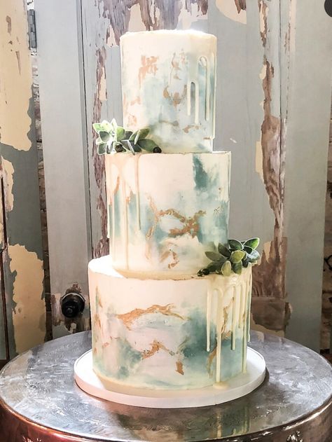 Wedding Cake Designs Green, Wedding Cake Dusty Blue And Sage Green, Raw Edge Cake, Cakes With Greenery, Gold And Green Wedding Cake, Dusty Blue And Sage Green Wedding Cake, Wedding Cake Blue And Green, Green And Blue Wedding Cake, Two Tier Wedding Cake Dusty Blue