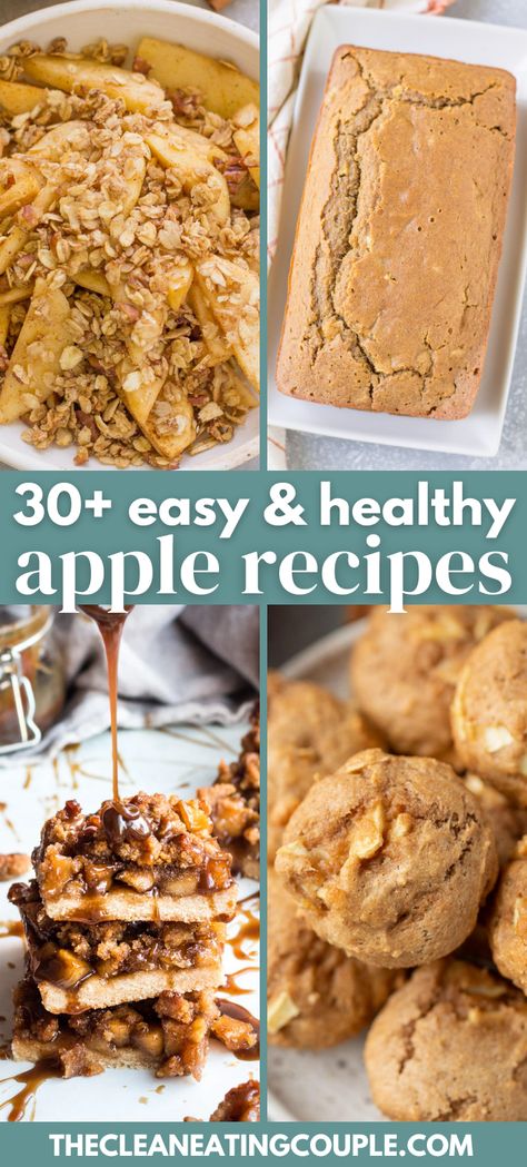 Get ready for fall with these 30+ Easy & Healthy Apple Recipes! From breakfast to dinner, dessert + snacks, we've got you covered with delicious healthy recipes! Healthy Apple Snacks Clean Eating, Clean Healthy Dessert Recipes, Fall Apple Desserts Healthy, Fall Healthy Dessert Recipes, Baked Apple Dessert Recipes Healthy, Mediterranean Apple Desserts, Use Apples Before They Go Bad, Fresh Apple Recipes Healthy, Healthy Cooked Apples