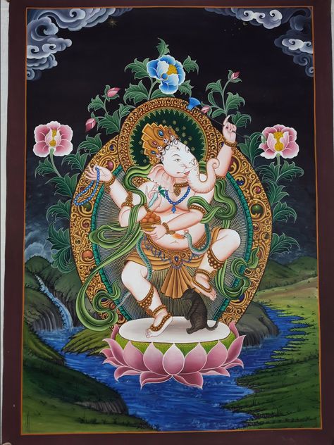 Four+Arm+Dancing+Ganesh+Hand+Painted+Canvas+Cotton+Fine+Quality+Thangka+Painting+From+Nepal Om Gam Ganapataye Namaha, Family Altar, Ganesha Elephant, Elephant Face, Kathmandu Valley, Four Arms, Thangka Painting, Canvas Paint, Ganesha Art