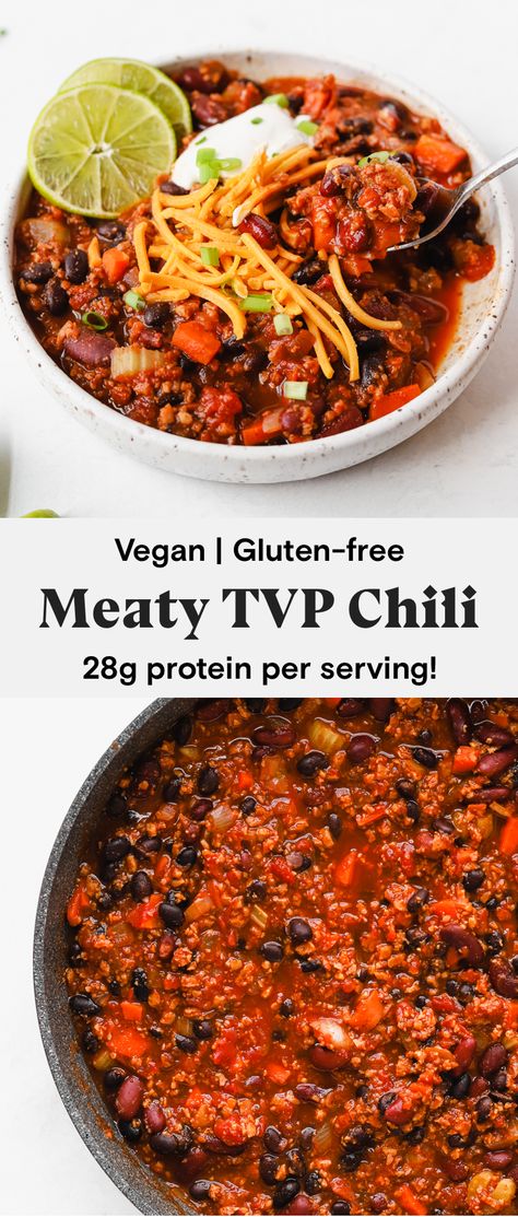 Chili High Protein, Tvp Recipes, Textured Vegetable Protein, Protein Meat, High Protein Recipe, Vegan Chili Recipe, Vegetarian Chili Recipe, High Protein Dinner, High Protein Vegan Recipes