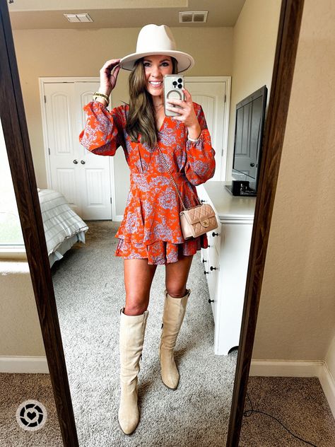 Fall outfit, Romper. Fall Romper Outfit, Dresses With Boots Fall, Dress Fall Outfits, Fall Romper, Fall Fashion Dresses, Dress Boots, Fall Dress, Romper Outfit, Outfit Fall