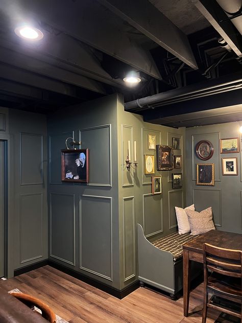 An English Pub Inspired Basement Renovation English Pub Basement, English Pub Interior, English Pub Decor, Victorian Basement, Irish Pub Decor, Low Ceiling Basement, Dark Basement, Old Basement, Brick Look Tile