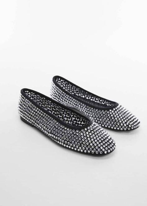 Rhinestone Ballet Flats, Mesh Flats, Jeweled Shoes, Rhinestone Flats, Jeweled Sandals, Mango Outlet, Rhinestone Shoes, Mesh Shoes, Black Ballet Flats