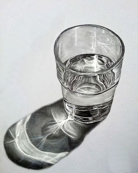 Glass With Water, Drawing Water, Desen Realist, Pencil Drawing Tutorials, Realistic Pencil Drawings, Water Drawing, Object Drawing, Glass Of Water, Seni 3d