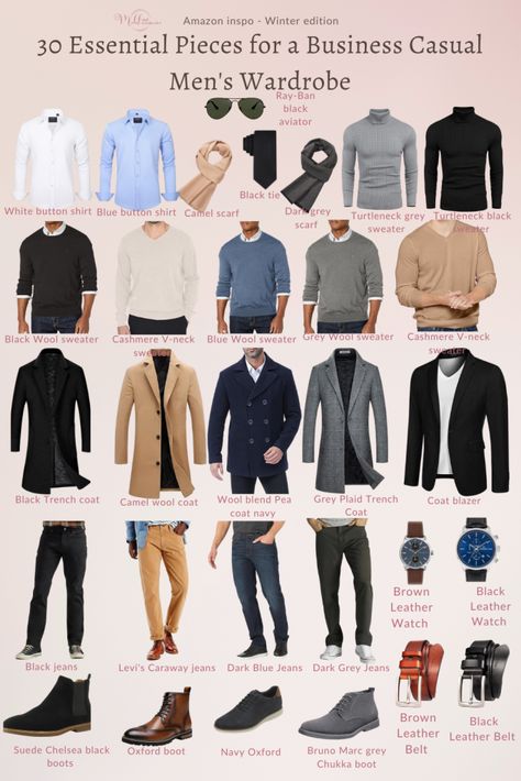 Essential Work Wardrobe Items Every Man Needs: Boost Your Professional Look - Modest and Minimalist Black Men Casual Style, Business Casual Men Work, Jeans Wardrobe, Academia Aesthetic Outfit Men, Capsule Wardrobe Men, Business Casual Attire For Men, Business Casual Jeans, Best Man's Outfit, Mens Wardrobe Essentials