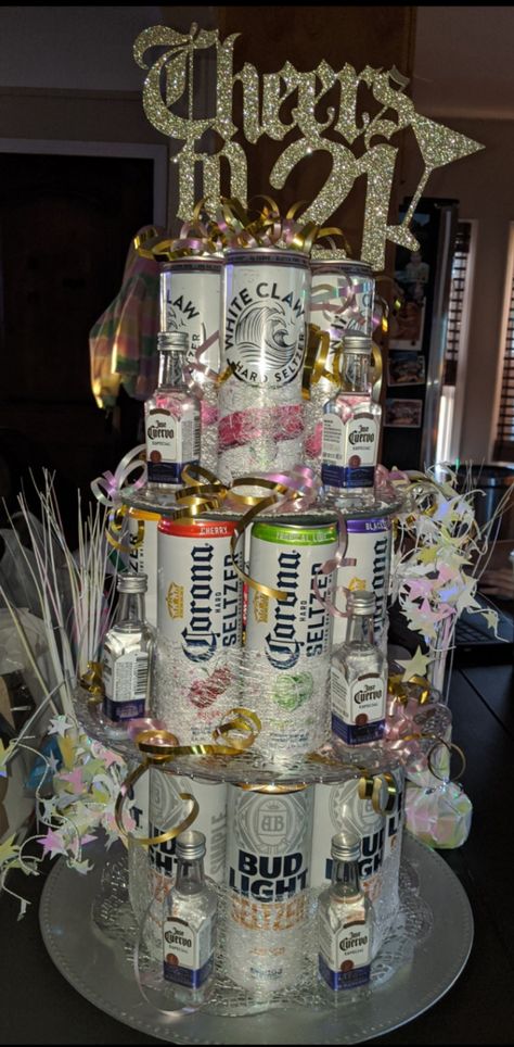 Beer Can Birthday Cake, 21st Birthday Food Ideas, Seltzer Cake, 21st Birthday Crafts, Can Cakes, Quirky Cakes, Birthday Cake Beer, 21st Birthday Beer Cake, Beer Bottle Cake