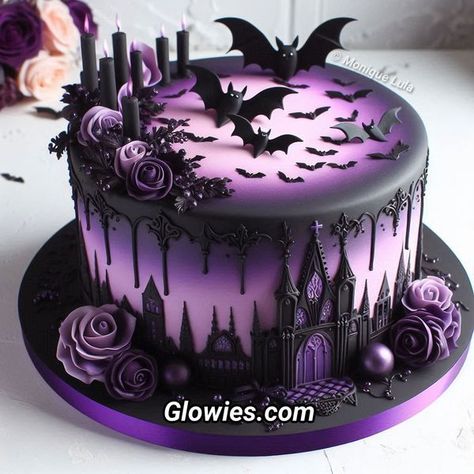 Gothic Cake Designs, Purple Black Birthday Cake, Goth Cakes Birthday, Gothic Cake Ideas, Purple Halloween Cake, Witchy Birthday Cake, Pastel Goth Wedding, Goth Birthday Cake, Wednesday Birthday Cake