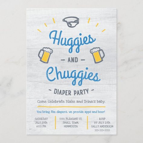 Huggies and Chuggies Diaper Party Invitation Size: 5" x 7". Gender: unisex. Age Group: adult. Material: Matte. Huggies For Chuggies Party Ideas, Huggies And Chuggies Party Invitations, Coed Diaper Party Ideas, Diaper Keg Party Ideas Games, Diaper And Wipes Shower Ideas, Diaper Keg Party Ideas, Huggies And Chuggies Party, Diaper Party Ideas For Men, Diaper Party Ideas