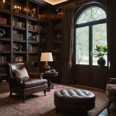 A sophisticated classic home library with floor-to-ceiling bookshelves, a cozy reading chair, and dark wood finishes, perfect for book lovers. #HomeLibrary #ClassicStyle #Bookshelves #DarkWood #ReadingChair Dark Academia Small Home Library, Dark Wood Home Library, Classic Library Room, Home Library Moody, Dark Wood Home Aesthetic, Traditional Library Room, Home Decor Ideas Dark Wood, Old Home Library, Dark Wood Built Ins