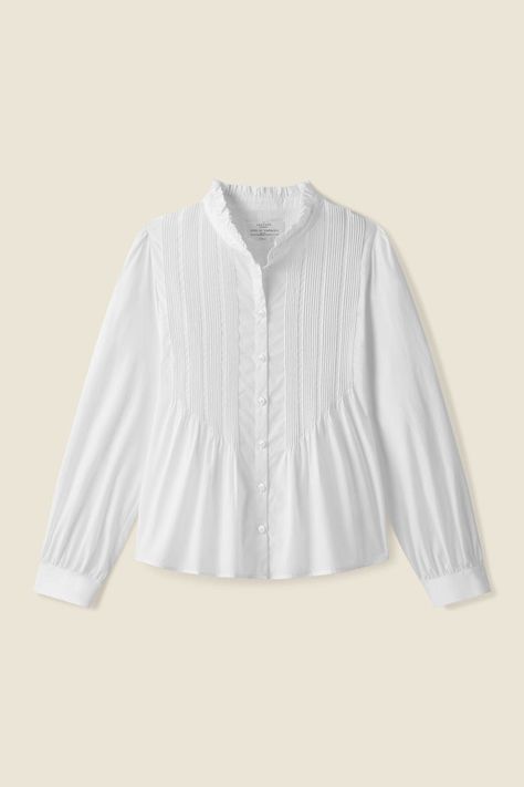 Blouse Drawing, Pintuck Blouse, Gathered Sleeves, Ruffle Collar, White Shirts, Pin Tucks, White Blouse, Dressed Down, Classic White