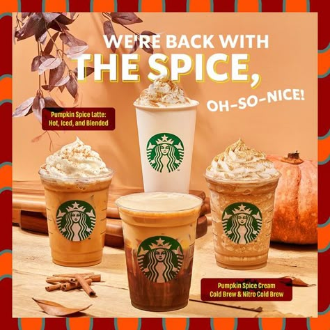 Starbucks Autumn Drinks, Starbucks Promotion, Pumpkin Spice Latte Starbucks, Starbucks Autumn, Starbucks Malaysia, Pumpkin Aesthetic, Halloween Starbucks, Pumpkin Spice Drinks, Pumpkin Spice Cream