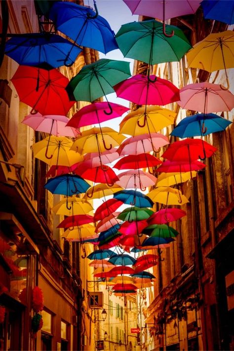 Umbrella sky - Avignon - France Umbrella Street, Colorful Umbrellas, Umbrella Art, Beautiful Streets, Town Street, Flower Phone Wallpaper, Avignon, City Buildings, Design Minimal