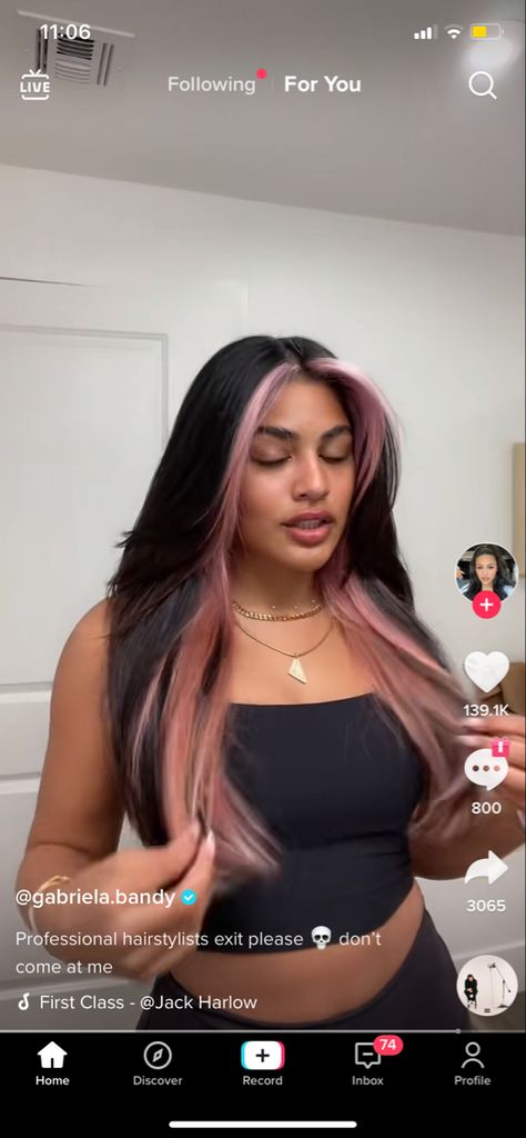 Front Hair Color Streaks For Black Hair, Underneath And Front Dyed Hair, Black With Pink Tips Hair, Dyed Hair For Tanned Skin, Black Hair With Rose Gold Money Piece, Black Hair With Pink Halo, Face Framing Hair Dye, Black And Peach Hair, Pink Underdye Hair Black