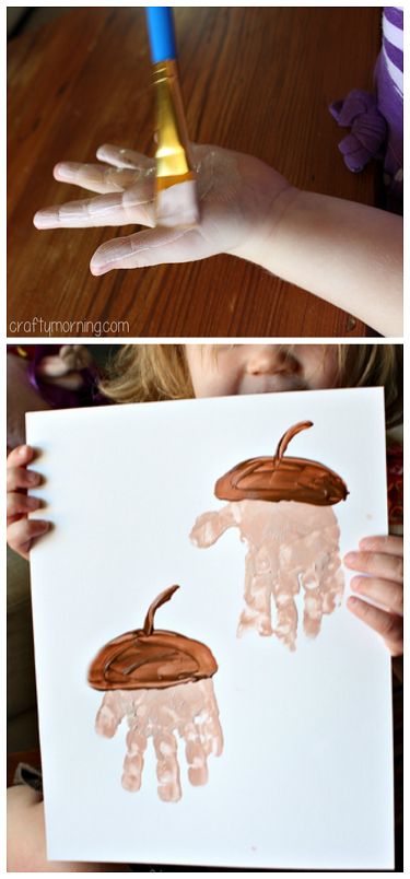 kids handprint idea: Handprint Acorn Art Project #Fall craft for kids - This was our attempt which still turned out cute even though she wouldn't put her fingers together! Acorn Art, Acorn Crafts, Footprint Crafts, Fall Art Projects, Fall Preschool, Handprint Crafts, Fall Craft, Daycare Crafts, Fall Crafts For Kids