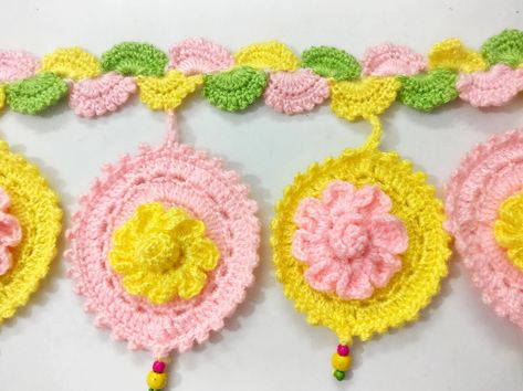 Crochet Toran New Design, Crochet Door Hanging, Crochet Accessories Pattern, Toran Ideas, Crochet Toran, Crazy Lipstick, Crochet Modern, Pattern For Crochet, Crochet Wall Hanging