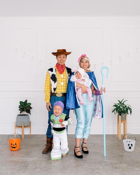 family Halloween costume Diy Family Toy Story Costumes, Family Of 4 Toy Story Costumes, Buzz Lightyear Family Costume, Toy Story Halloween Costumes Families, Woody And Bo Peep Costume, Toy Story Dog Costume, Family Of Four Halloween Costumes, Toy Story Family Costumes, Family Of Three Halloween Costumes