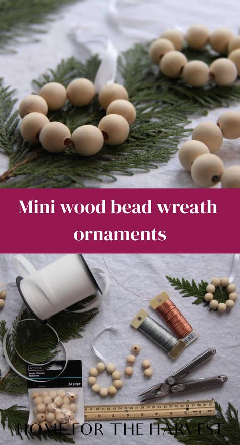 Wood Bead Wreath Ornament, Diy Beaded Wreath, Wood Bead Projects Diy, How To Make Beaded Ornaments, Wooden Bead Ornaments Diy, Wooden Bead Wreath Diy, Wood Bead Ornaments Diy, Beaded Christmas Ornaments Diy, Things To Do With Beads