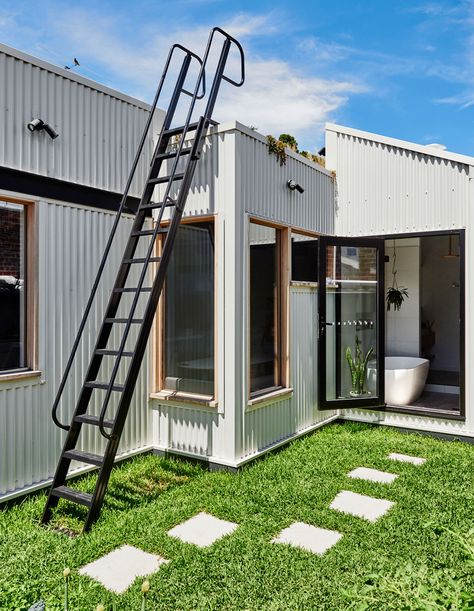 An Unbelievably Energy Efficient 100-Year-Old Workers’ Cottage! درج السلم, Roof Ladder, Brick Paving, Metal Stairs, Eco Architecture, Metal Siding, Lan Can, Australian Architecture, Rooftop Deck