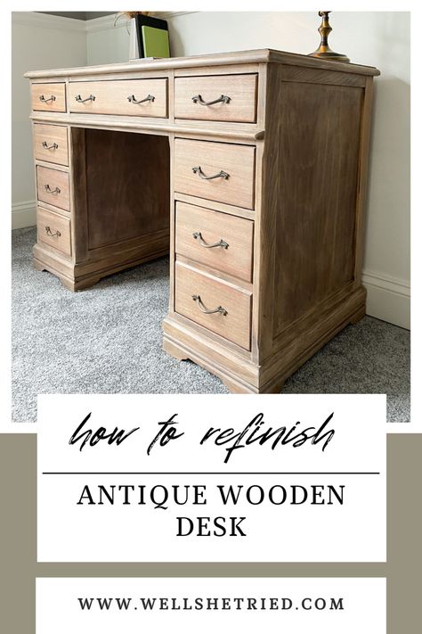 Bleaching furniture, furniture flip, refinished furniture Antique Wood Desk Makeover, Refinish Wooden Desk, Wood Desk Restoration, Refinished Wood Desk, Desk Stain Ideas, Refinishing Desk Ideas, Office Desk Refinishing Ideas, Refinished Antique Desk, Redo Desk Ideas Diy