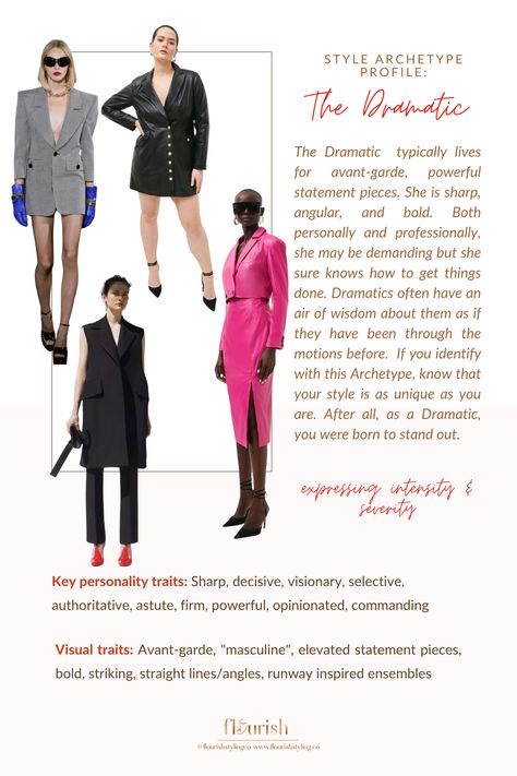 When it comes to personal style, nothing says ‘commanding wisdom’ quite like the Dramatic Style Archetype. Known for their intense, avant-garde fashion choices and powerful aesthetic, Dramatics embody a style that is as impactful as it is unique. Read our latest blog post that delves into the world of this Style Archetype - we talk about her visual impact, personality, notable Dramatic celebs, challenges, and more! #dramaticstyle #avantgarde #power #personalstyle #stylearchetype Elegant Dramatic Style, Sophisticate Archetype, Style Archetypes, Dramatic Gamine, Dramatic Essence, Powerful Aesthetic, Kibbe Dramatic, Throbbing Headache, Dramatic Fashion