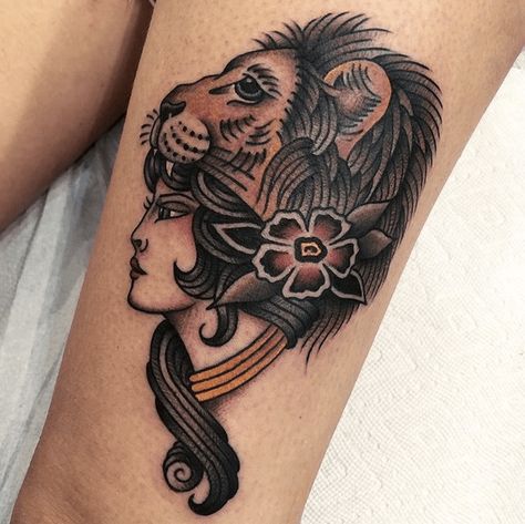 Leo Tattoo Traditional, Classic Lion Tattoo, American Traditional Lioness Tattoo, Traditional Style Lion Tattoo, Lion Lady Tattoo, Lion American Traditional Tattoo, Trad Lion Tattoo, Traditional Lioness Tattoo, Traditional Lion Head Tattoo