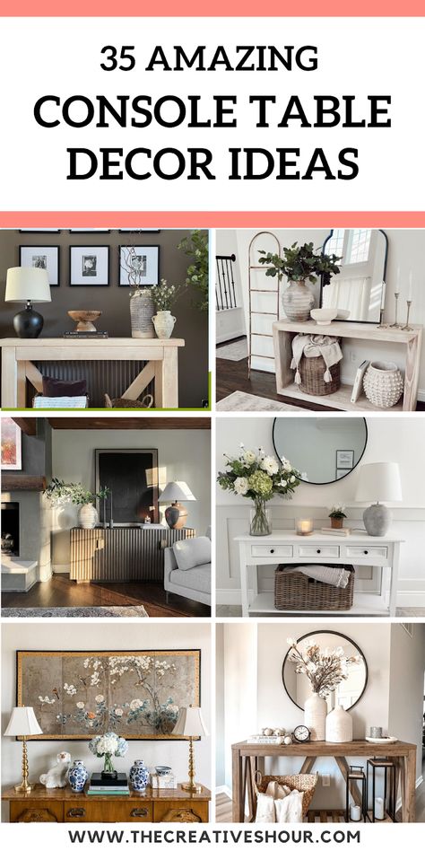 35 Amazing Console Table Decor Ideas You Should Definetly Try Picture Wall Over Console Table, Decorating Bottom Shelf Of Console Table, Entryway Sideboard Decor, Console Table Decorating Dining Room, Farmhouse Entryway Table Decor Ideas, How To Style A Tv Console, How To Style An Entry Table, White Entry Table Decor, Kitchen Console Table Decor