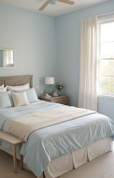 Pale Blue Bedrooms, Light Blue Rooms, Light Blue Bedroom, Blue Bedroom Walls, Blue Bedroom Design, Pastel Bedroom, Bedroom Color Combination, Teal Bedroom, Light Blue Walls