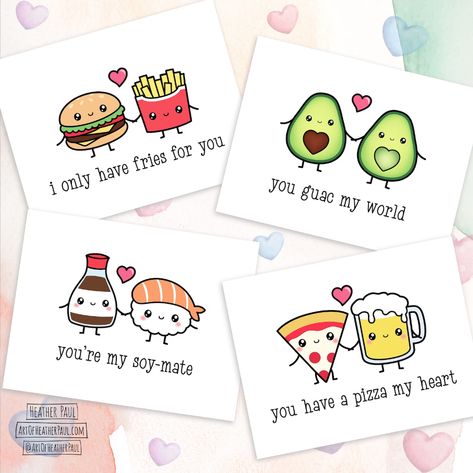 Food Pun Card Set Valentine's Day Card Set Punny - Etsy Valentines Puns, Punny Valentines, Punny Cards, Creative Birthday Cards, Cute Easy Doodles, Food Pun, Birthday Card Drawing, Diy Birthday Gifts For Friends, Printable Valentine