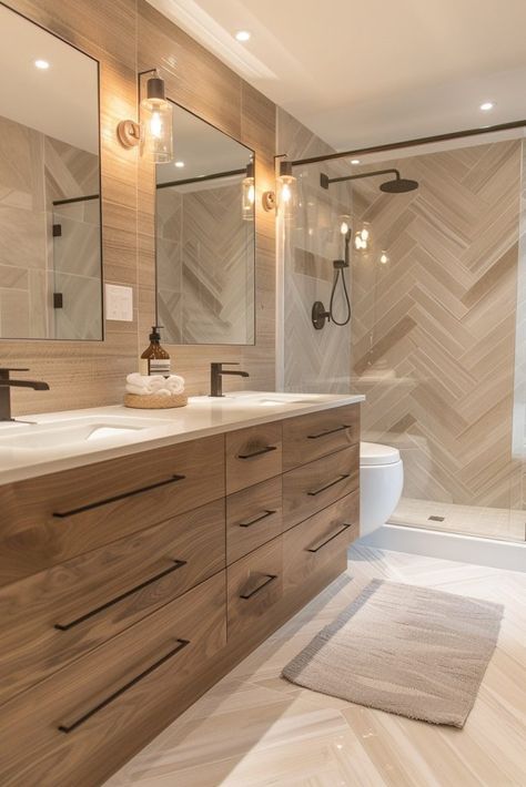 29 Bathroom Tile Design Ideas for a Fresh and Stylish Upgrade 13 Small Bathroom Wood Tile, Wood Like Tile Bathroom Wall, Wood Look Tile Floor Bathroom Herringbone Pattern, Herringbone Wall Tiles Bathroom, Shower Remodel Herringbone, Wood Wall Tiles Bathroom, Bathroom Tiles Herringbone, Beige Master Bath Ideas, Faux Wood Shower Tile