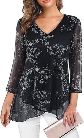 SeSe Code Womens Dressy 3/4 Sleeve Tunic Tops Asymmetric Hem Blouses Lightweight Mesh Shirt Layered Tunic, Chiffon Tunic, Graphic Floral, Asymmetrical Hem Dress, Womens Tops Dressy, Asymmetrical Blouse, Hem Blouse, Elegante Casual, Mesh Sleeves