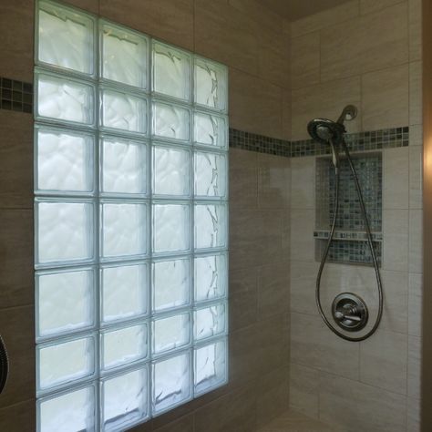 Glass block window design Columbus Ohio Installation | Innovate Building Solutions | #GlassBlockWindow #DesigningShower #BathroomShower #ShowerWindow Glass Block Bathroom Ideas, Rain Glass Window Bathroom, Shower With Block Window, Tile Shower With Glass Block Window, Update Glass Block Window, Large Window In Shower Solution, Glass Block In Bathroom, Glass Block Window In Shower Ideas, Glass Block Windows In Bathroom