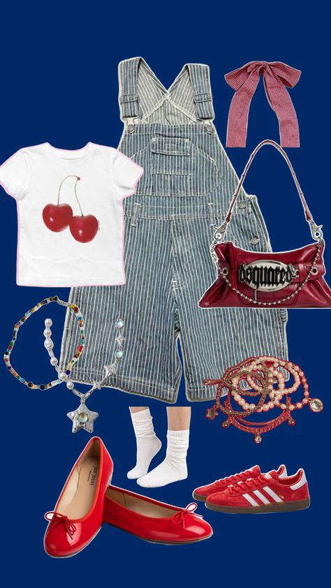 Red Overalls Outfits, Eunice Core, Artsy Outfit Summer, Funky Outfits For Women, Overalls Shorts Outfit, Short Overalls Outfit, Overalls Outfit Short, Overall Shorts Outfit, Overalls Outfits