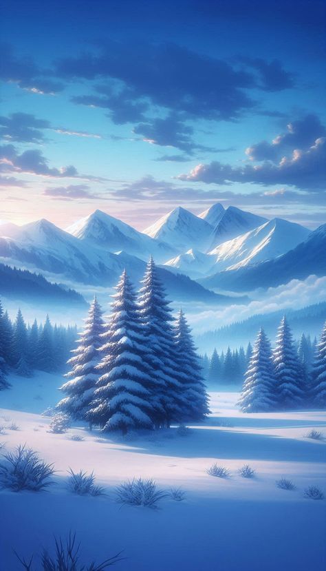 Winter's Whisper | A serene dawn landscape in a peaceful winter wonderland, where snow-clad mountains meet serene forest skies #AnimeNature #WallpaperGoals #PeacefulWinter #SnowyMountains #PineTrees #ForestVibes Dawn Landscape, Serene Forest, Winter Sky, Snowy Mountains, Winter Landscape, Winter Wonderland, Anime Wallpaper, Forest, Wallpapers