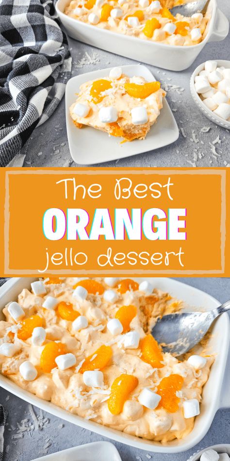 Try this delicious Mandarin Orange Jello Salad recipe for a refreshing and fruity treat. This is one of my favorite jello desserts, and you’re going to love it! Mandarin oranges, marshmallows, and coconut come together in a blend of gelatin, pudding, and cool whip to make one of the most amazing desserts! This simple dessert recipe is perfect for your family and even parties, summer picnics, and gatherings! Orange Marshmallow Salad, Orange Lush Dessert, Jello Orange Salad, Orange Treats Desserts, Orange Delight Dessert, Halloween Jello Desserts, Orange Colored Desserts, Thanksgiving Jello Salad Recipes, Canned Mandarin Oranges Recipes