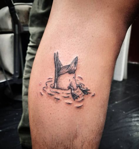 Duck With Knife Tattoo, Duck Feet Tattoo, Wood Duck Tattoo, Duck Tattoos For Men, Mallard Duck Tattoo, Upside Down Tattoo, Duck Tattoo Ideas, Pond Tattoo, Duck Hunting Tattoos