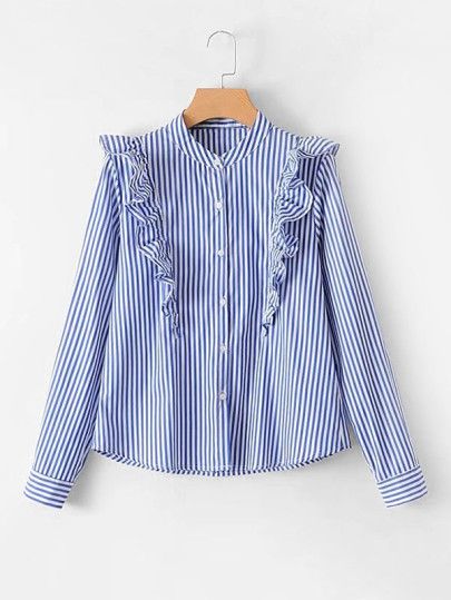 Blue Casual Blouse With Ruffle Sleeves, Trendy Ruffled T-shirt For Summer, Casual Blue Ruffled Blouse, Women Button Down Shirt, Pink Ruffled Casual T-shirt, Blue Cotton T-shirt With Ruffles, Office Color, Fashion Tops Blouse, Cute Blouses