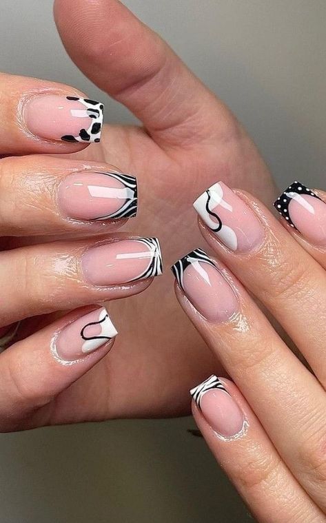 Almond Shape Nail Designs Classy, Biab Nails Black And White, Fall Nails Trendy Square, Short Square Summer Nail Designs, Festival French Tip Nails, French Nails With Design Creative, Black White And Gray Nails, Nashville Inspired Nails, Nail Drawing Art