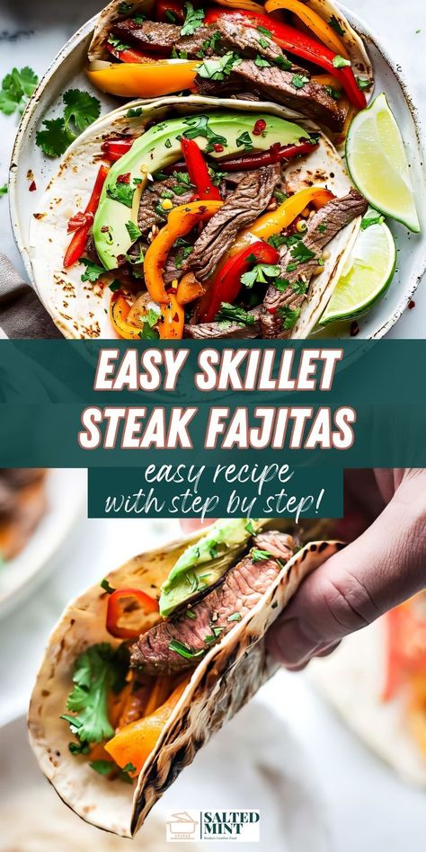 Savor juicy steak fajitas with a flavorful marinade, made easily in a skillet for any weeknight meal. Steak Fajitas Skillet, Fajitas Steak, Beef Fajitas, Home Meals, Summer Meals, Steak Fajitas, Fresh Avocado, Grilled Beef, Juicy Steak